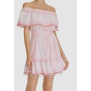 Lemlem Rekik Mini Dress Pink White Off the Shoulder Striped Belt‎